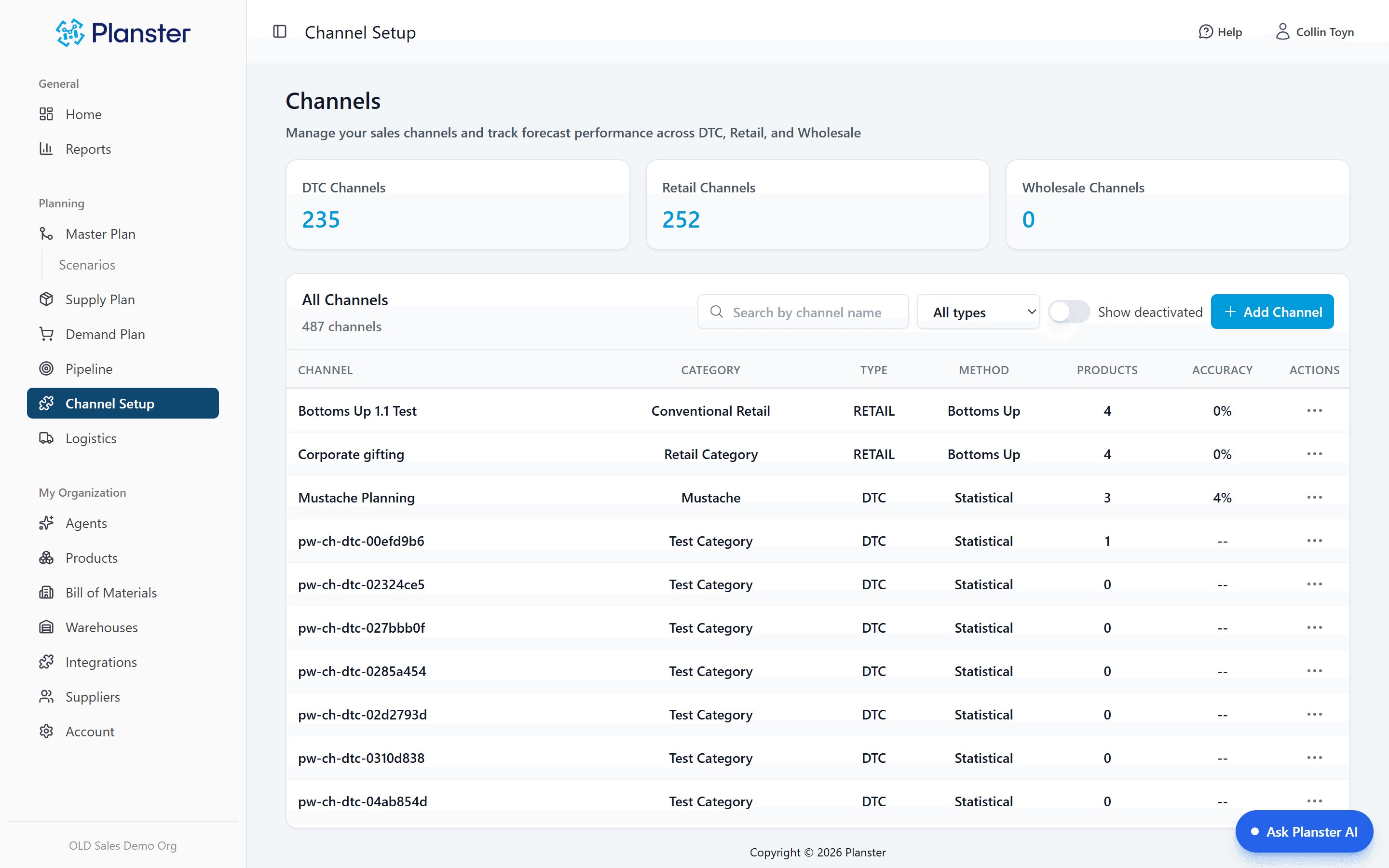 Channel-level demand planning across DTC, Amazon, retail, and wholesale