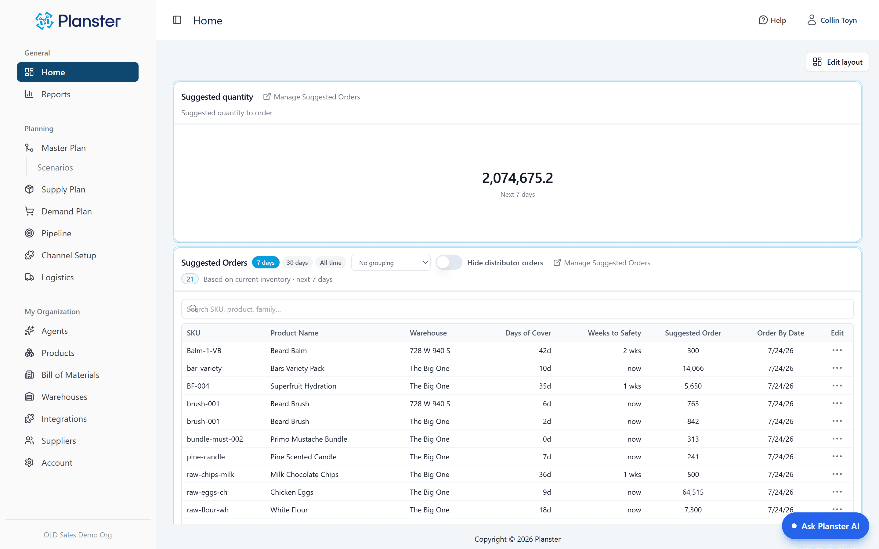S&OP dashboard showing orders due, forecast exceptions, and inbound shipments