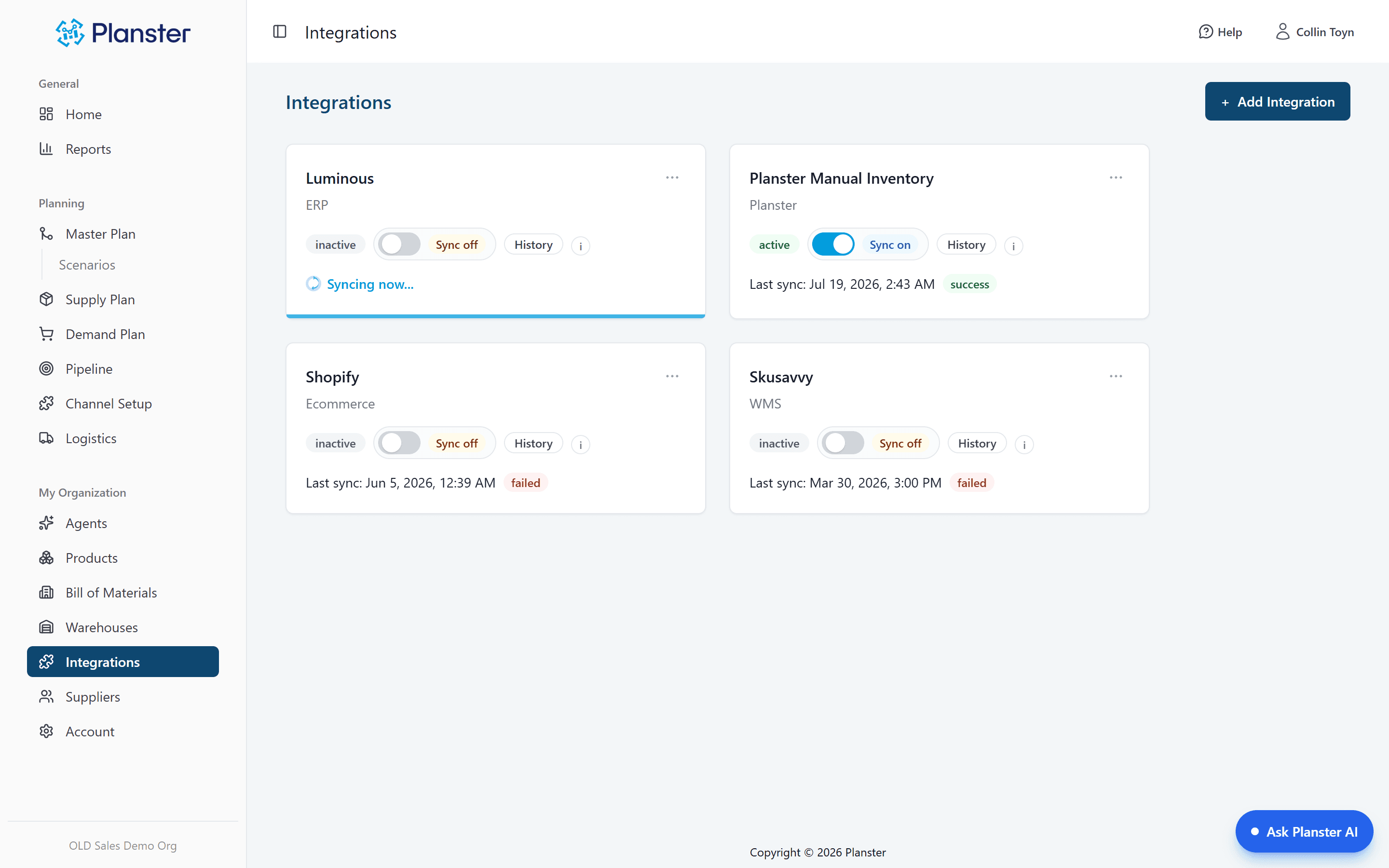 Connected integrations with sync status for each system