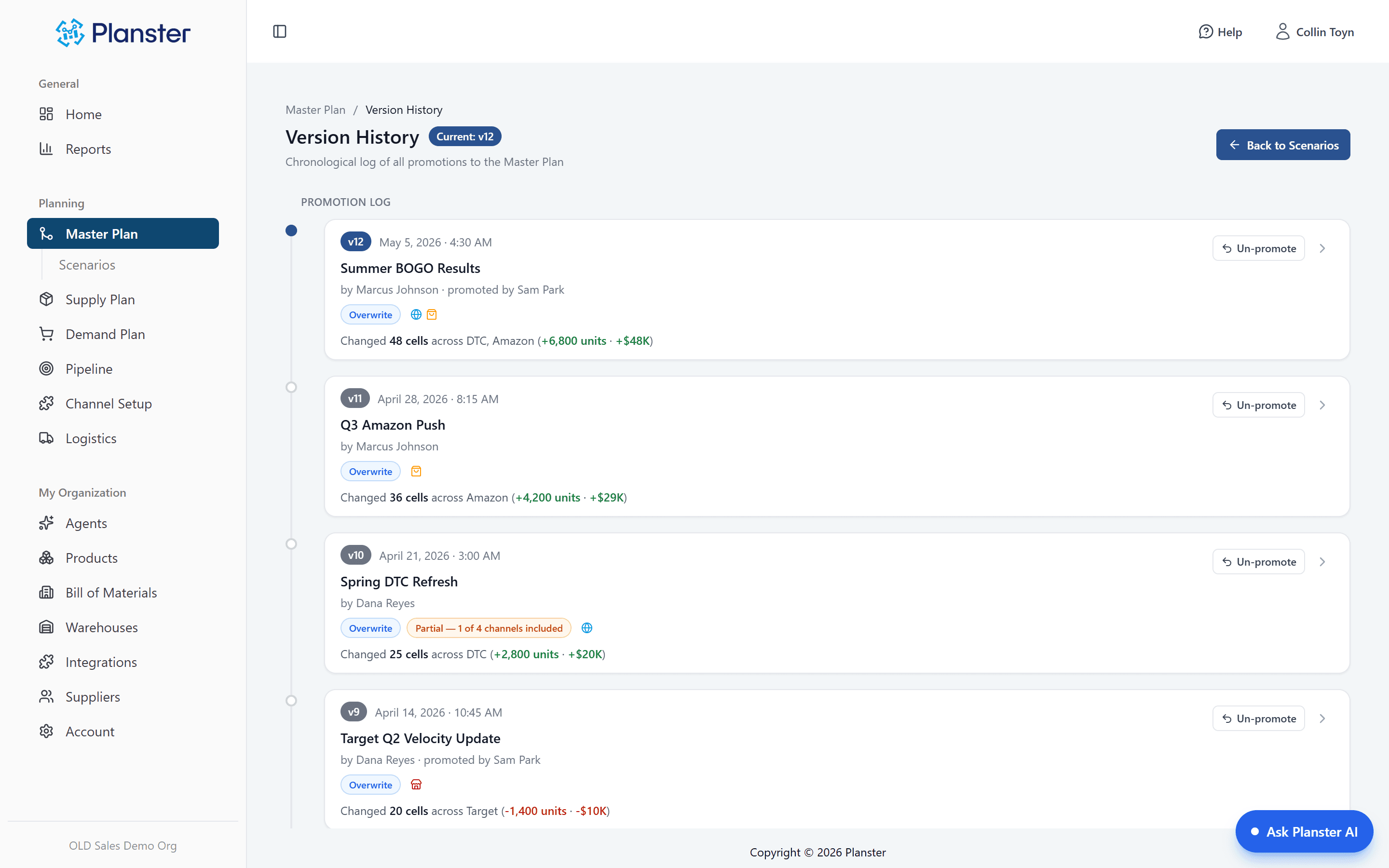 Version history timeline with cell-level change detail and un-promote