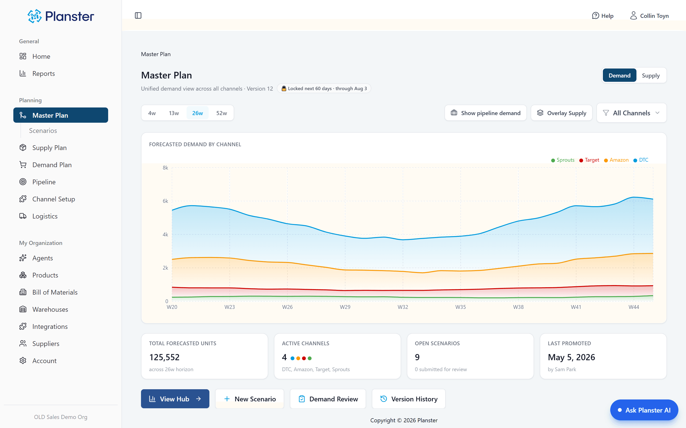Master Plan overview — forecasted demand by channel with version indicator and 60-day lock
