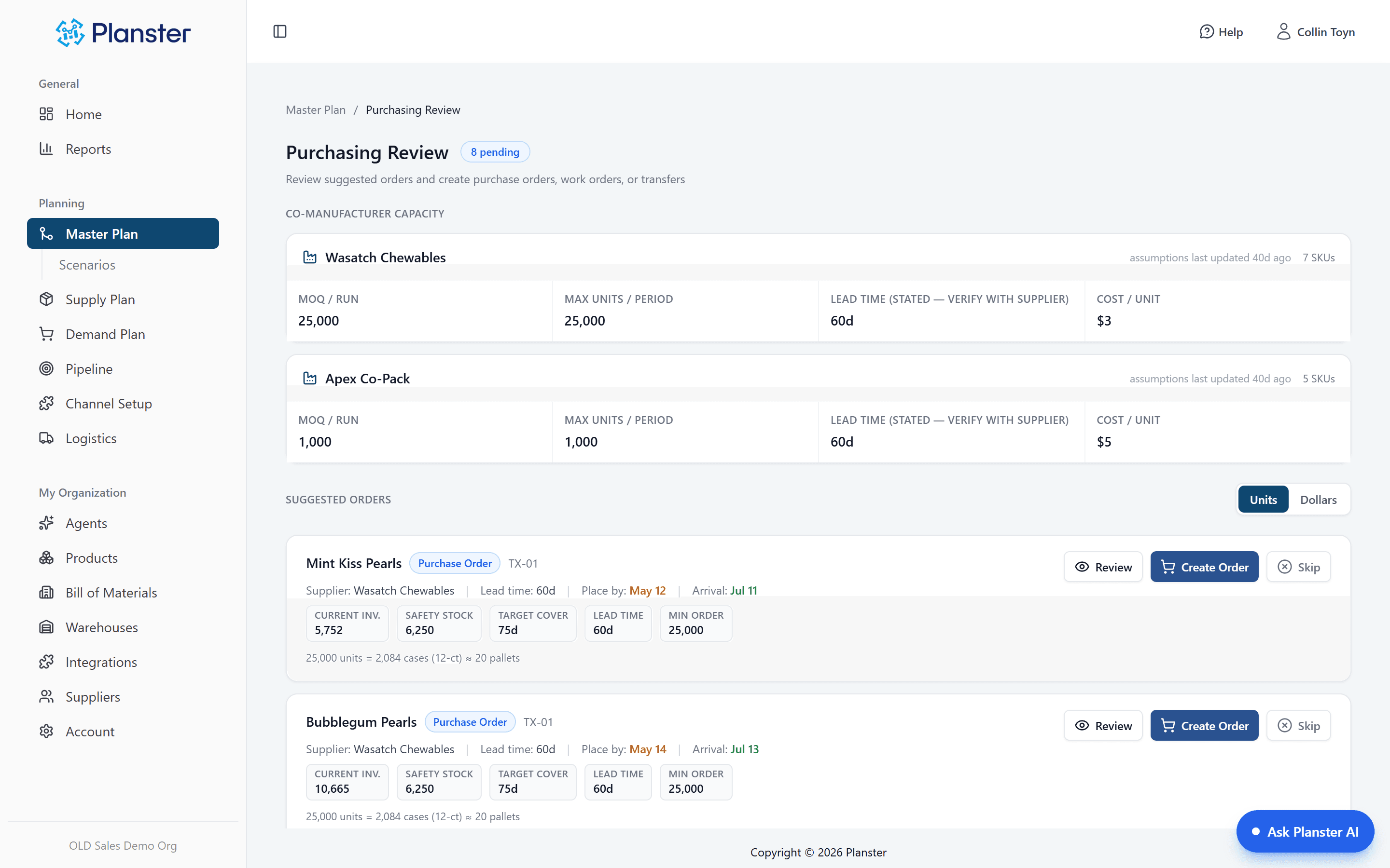 Purchasing review screen with order quantities, suppliers, and due dates
