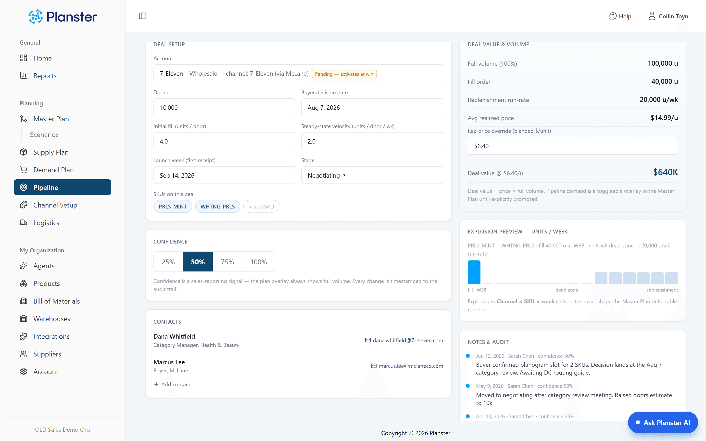 Deal editor — doors, fill, velocity, and the fill-shaped demand explosion preview